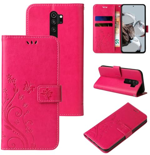 LBH Handy Hülle für Xiaomi Redmi Note 8 Pro Case Handytasche Schmetterling Blumen Flower Standfunktion Schutzhülle Magnet Rundum Schutz 360 Grad Flipcase Cover Pink
