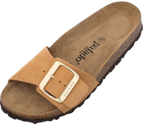 Palado Pantoletten Damen Malta EGS Velours Premium Leather - elegante Sandalen Made in Spain - Hausschuhe mit Kork-Fußbett - bequeme Sommerschuhe Hellbraun UK3,5 - EU36