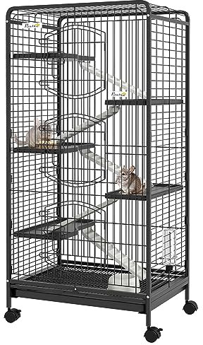 PawHut Jaula para Animales Pequeños Jaula para Roedores con Ruedas Rampa Cuenco Botella de Agua y Bandeja Extraíble Recinto para Conejos Chinchillas Hurones 61,5x44x131 cm Negro