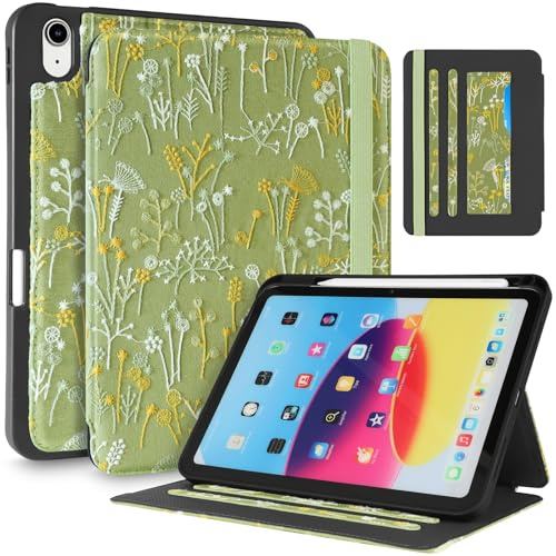 Uppuppy Schutzhülle für iPad der 10. Generation, iPad (A16) 11. Generation, niedlich, Bestickt, mit Stifthalter und Kartenschlitz, Kawaii-Pflanzen-Design, ästhetische Hüllen