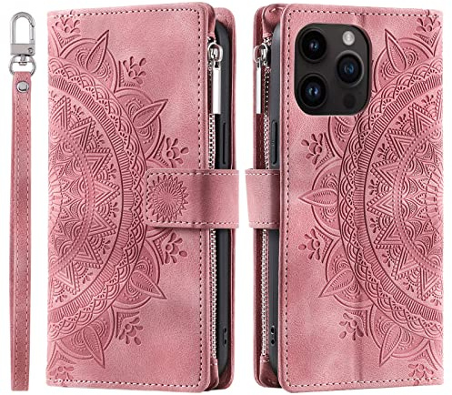 VEEMOS Handyhülle für iPhone 16 Pro hülle Klappbar Blumen Handytasche Schutzhülle Klapphülle mit Kartenfach Handy Tasche Book Cover Flip Case Ständer - Rosa