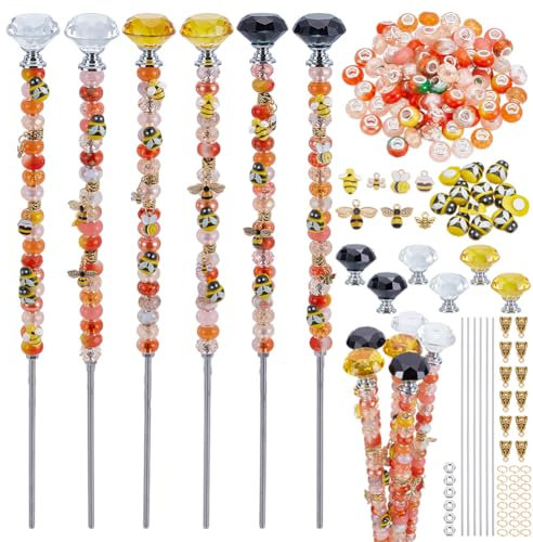 FREEBLOSS 210 + Stück Perlen Gartenstecker Set DIY Feenstab Gartenstecker Perlen Set Bienen Perlenstecker Mit Bienenanhängern Und Bunten Harzperlen DIY Gartenstecker Für Die Außendekoration