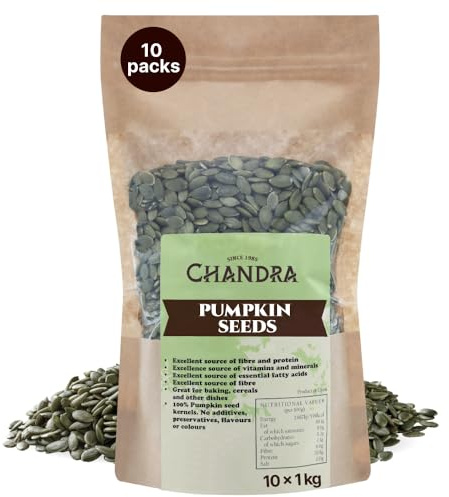 Chandra Whole Foods – Raw Pumpkin Seeds 10KG - Low-Carb High Fibre Pumpkin Seeds to Eat, for Breads, Soups, Cereals & Snacks - Gluten-Free, Keto, Shell-Free, Rich in Protein, Vitamins & Antioxidants