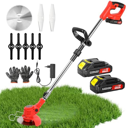 Debroussailleuse Electrique sans Fil, Coupe Bordure sans Fil avec Batterie, Debroussailleuse Batterie avec 3 Type Lames, TéLescopique Taille Bordure Convient pour Jardin, Ferme (2 Batterie)