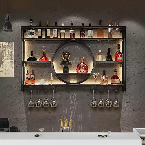 Weinregal Wand Mit LED-Beleuchtung,Flaschenregal Mit Gläserhalter Zum Aufhängen,Barregal,Weinflaschenhalter Aus Metall,Weinregale,Wine Rack,Wandregal Mit Weinglashalter For Küche(Black,160*15*80cm)