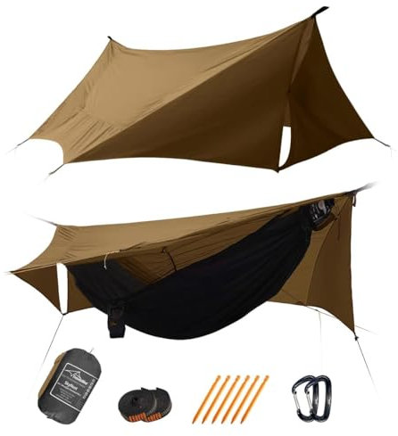Travel Bird Skynest Ultra-léger Hamac avec Filet et Bâche Anti-Pluie 335 x 140 cm, Tente Hamac de Camping 4 en 1, Hamac Portable avec Corde Faîtage, Facile à Installer pour Le Camping, Randonnée