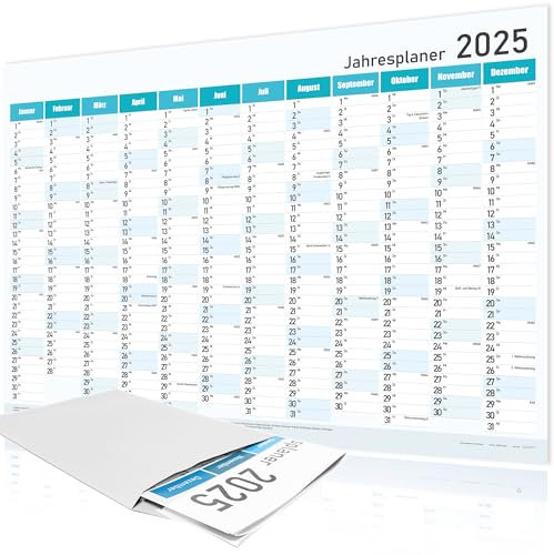 Jahreskalender 2025 A1 Wandkalender - Jahresplaner 84x59 cm, Wandplaner mit Kalenderwochen, Feiertagen - Großformat Kalender, Wall Calender, Plakatkalender Blau