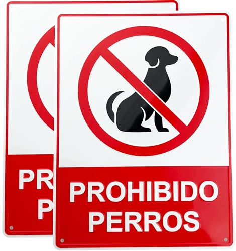 2 Unidades RELIEVE Cartel PROHIBIDO PERROS | 21x28 cm Calidad AAA+| Aluminio Lacado | Grosor 0.8 mm | Señal Prohibido | Impresión UV | Interior Y Exterior | Ojales Sujeccion