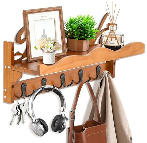 OT-NVWOZR Appendiabiti da parete con ripiano, in legno, con 7 ganci in metallo, a tema spiaggia, appendiabiti da parete, per ingresso, corridoio, soggiorno, cucina, marrone