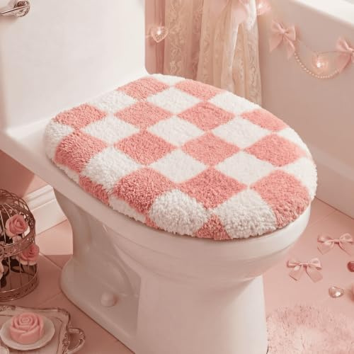 HunnmingRe Pink White Checkered Bathroom Toilet Lid Cover Soft Microfiber Toilet Top Cover 17.5 x 15 Washable Aesthetic Bathroom Decor Fits Most Round, Elongated and Oblong Lids, Machine Washable