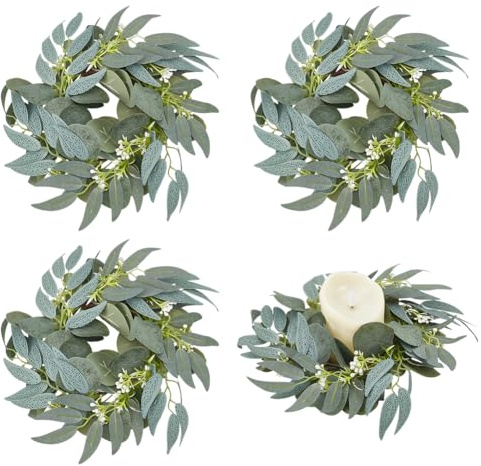 PH PandaHall 4 Stück Blumenkranz Kerzenringe Kranz Künstliche Eukalyptusblätter Kleine Boho Kränze Ringe Für Frühling Sommer Hochzeit Haustür, 35.5x28x1.7cm