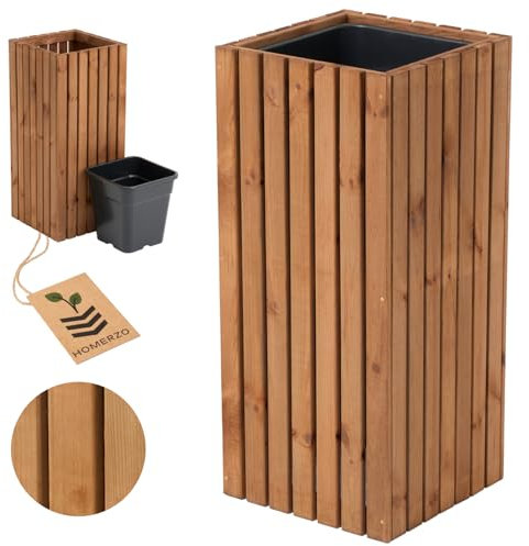 HOMERZO Pflanzkübel Holz – imprägniert wetterfest – mit herausnehmbarem Kunststoffeinsatz – Pflanztopf Blumenkasten für Balkon Garten Terrasse (Vertikal-braun 36x36 H80 cm)