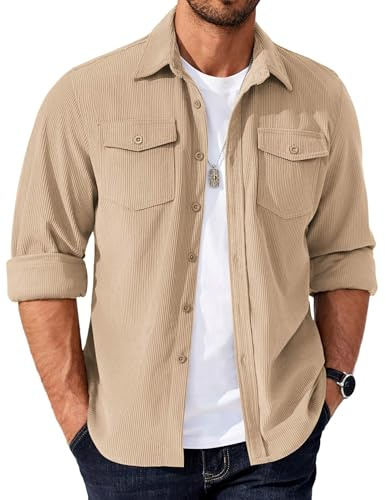 COOFANDY Shirt Jacket for Men Lightweight Corduroy Long Sleeve Casual Button Down with Flap Pockets Beige