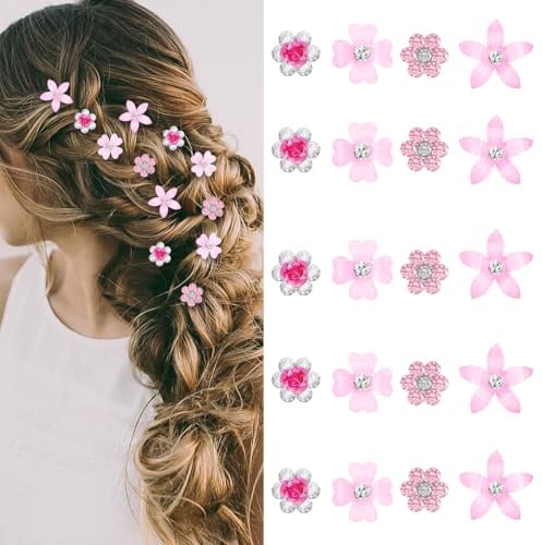 SUBTAVIK Lot de 20 petites pinces à cheveux fleur, accessoires cheveux avec strass pour femmes et filles, idéales pour le quotidien, les fêtes et les mariages (Rose)