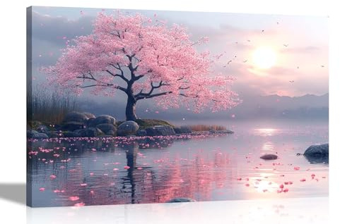 Artley Prints - Japanese Pink Cherry Tree Sunrise Canvas Wall Art For Bedroom Hallway Living Room Prints Ready to Hang Decoration Extra Large 101 x 76cm (40 x 30 inches)