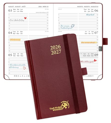 POPRUN Taschenkalender 2026 2027 Klein Hardcover,ca.A6 (15,6 x 10cm) | 17-Monate-Terminplaner,(Aug,2026-Dez,2027),Wochenplaner 1 Woche 2 Seite,Kalender Klein(Burgund)