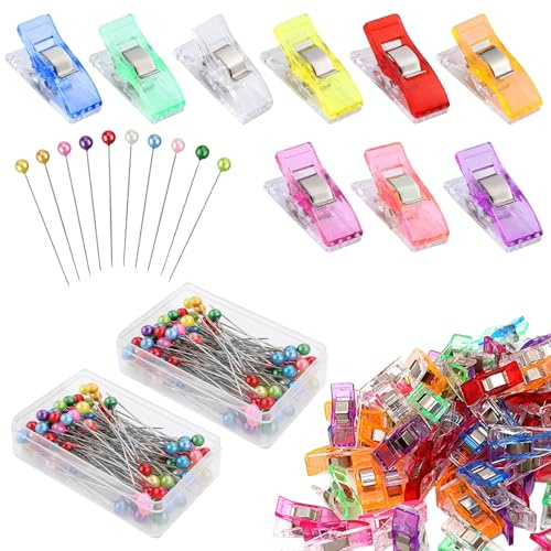Vbxvsa Nähklammern Stecknadeln Set, 50 Bunte Stoffklammern + 200 Stecknadeln mit Perlenkopf, Nähzubehör für Nähen, Quilten, Basteln (Mehrfarbig)