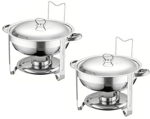 Set di 2 scaldavivande rotondi per catering con coperchio e supporto per coperchio, in acciaio inox, per feste, catering, eventi, argento