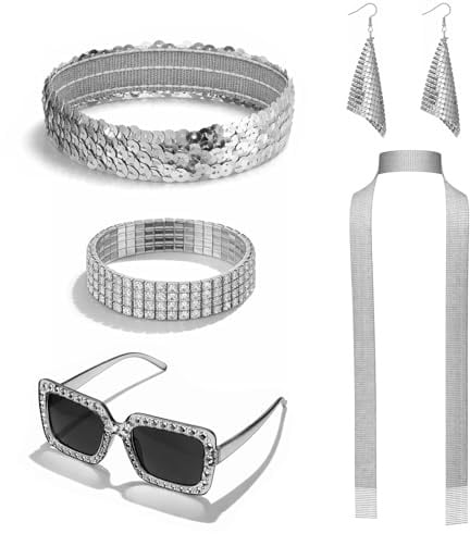 TIESOME 6 Stück 70er Jahre Outfit Damen, Disco Outfit Mit Glitzer Accessoires, Inkl. Schal, Sonnenbrille, Ohrringen & Stirnband, Für Fasching & Karneval