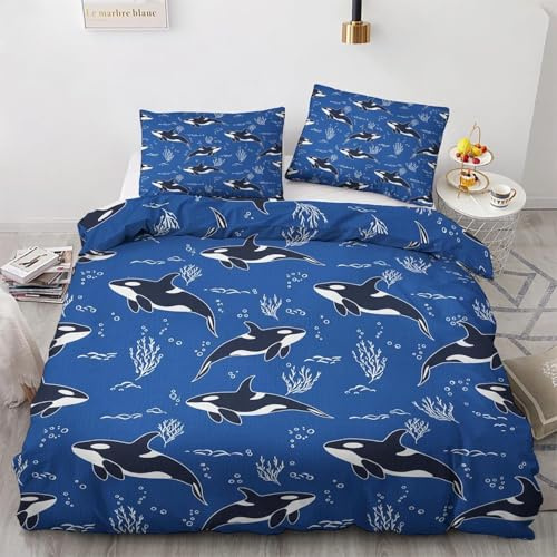 BSYYZQC Bettbezug 140x200 Seetang, Bettwaesche Haie, Weich Atmungsaktiv Mikrofaser Bettwäsche Set mit Reißverschluss, 1 Bettbezüge und 2 Kissenbezüge 80x80 cm