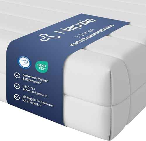 NAPSIE 7-Zonen Matratze 80x200 cm | H3 Mittelfest | Ergonomische Kaltschaummatratze | Hypoallergen & Antibakteriell | Bezug abnehmbar & waschbar | Oeko-TEX® (12cm, 80 x 200 cm)