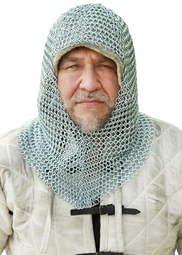 Battle-Merchant Kettenhaube, V-Auschnitt, ID 9 mm, verzinkt | Mittelalter Kettenrüstung, Rüstung, für Reenactment, LARP & Historische Darstellungen