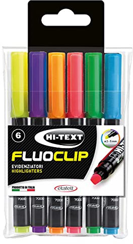 Hi-Text 7000 Fluoclip busta trasparente 6 evidenziatori punta scalpello colori assortiti