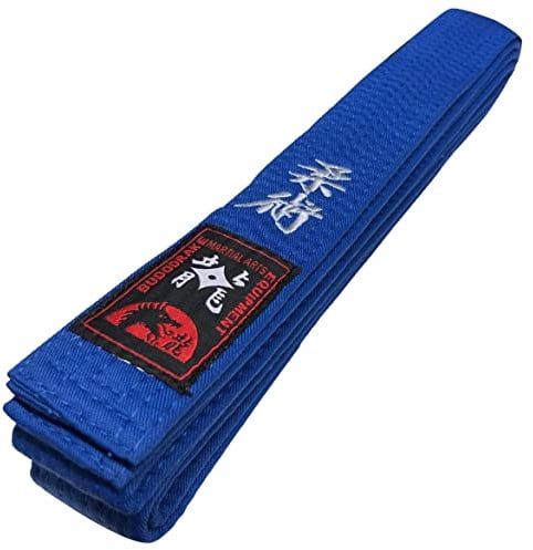 Budodrake Blaugurt Bestickt mit Jiu-Jitsu/Ju Jutsu Schriftzeichen, Bestickung in Silber, Blauer Gürtel