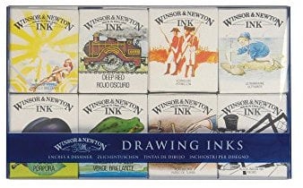 Winsor & Newton 1090094 Kalligraphie Set Henry, 8 Zeichentusche in 14ml Flaschen, funkelnde Farben mit hervorragender Transparenz für Pinsel, Kalligrafiefeder oder Airbrush