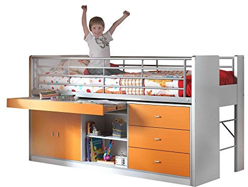 Vipack Hochbett Bonny m.ausziehbarer Schreibtischplatte weiß/orange