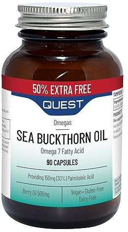 Quest Sea Buckthorn Oil Omega 3, 6 & 7, Berry Oil & Palmitoleic Acid Supplements. Supports Skin & Eye Health Plus Post Menopause Dryness. Vegan Omega Anti-Inflammatory Supplement Tablets (90 Capsules)
