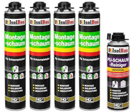 Isolbau Bauschaum-Set - Inkl. 4 x 1K Montageschaum B2 Pistolenschaum mit hervorragender Schall und Wärmedämmung (je 750 ml) & 1 x PU-Schaum-Reiniger (500 ml), Dämmen