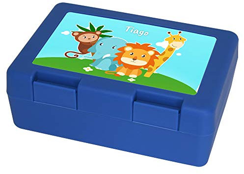 Brotdose mit Namen Tiago und Tier-Motiv mit AFFE, Elefant, Löwe und Giraffe für Jungen | Brotbox blau | Vesperdose | Vesperbox | Brotzeitdose mit Vornamen