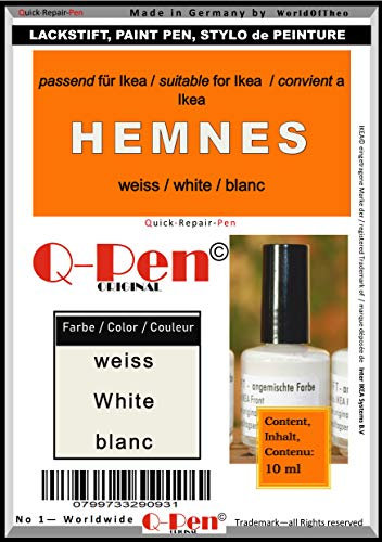 Q-Pen Original Lackstift für Ikea HEMNES Weiß Möbel, 10 ml Korrekturstift mit integriertem Pinsel, Satin-Finish, deckt Kratzer und Absplitterungen ab, geeignet für Betten, Schubladen und Schränke