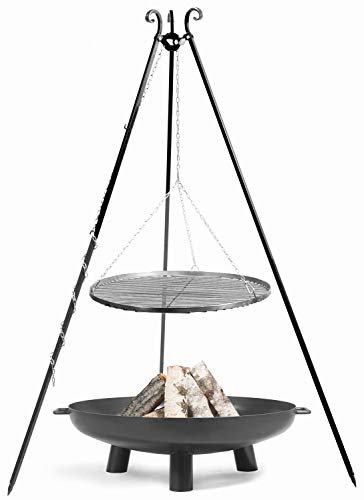 JS Garten Deko Set: Dreibein H 180 cm mit Grillrost Ø 60 cm Edelstahl + Feuerschale Bali Ø 70 cm Schenkgrill CookKing