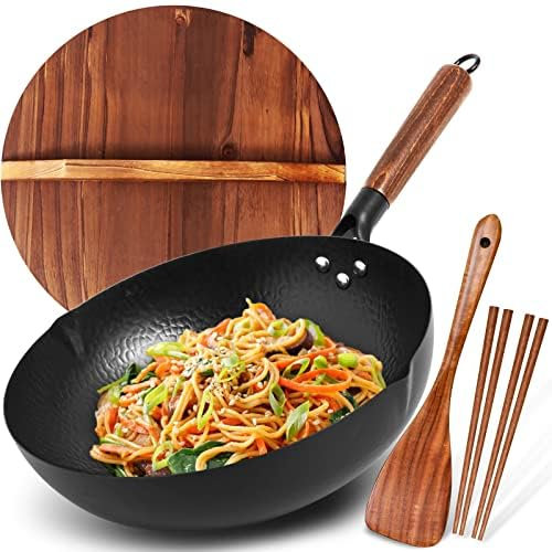 BrBrGo Wok Pan de 13 pulgadas, sartén de acero al carbono con mango de madera, wok chino de fondo plano, juego de 8 piezas con accesorios de utensilios de cocina