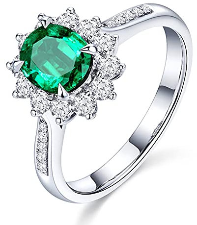 Daesar Damen Ring 18 Karat Weißgold Diamant, Sonnenblume mit Smaragd 1.2ct Ehering Weißgold Verlobung Ring Gr.62 (19.7)