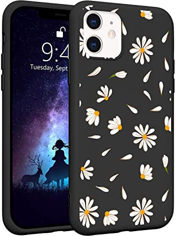 LuGeKe Cute Daisy Case for iPhone 11 Pro Max, Black Soft Slim Floral Flowers Pattern Design Liquid Silicone Phone Case, Mikrofiber Lining Case Gel Rubber Smooth Daisies Full Protective Cover