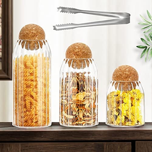 Glasgefäß mit rundem Kugelkorken, 3er-Pack zur Aufbewahrung aus klarem Streifenglas für die Küche, Speisekammer, zum Servieren von Tee, Kaffee, Zucker, Mehl, Gewürzen (500 ml/700 ml/1000 ml)