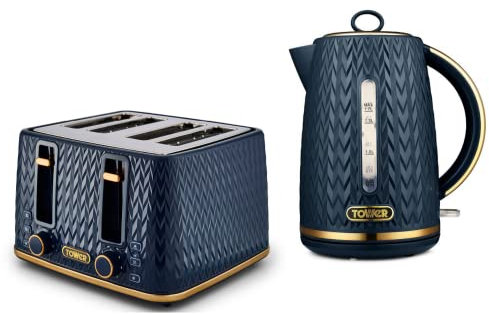 TOWER Empire Midnight Blue Jug Kettle and 4 Slice Toaster Set. Stylish Art Deco Design Kettle & 4 Slice Toaster Set in Blue