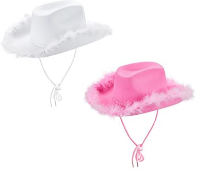 Geagodelia Filz Cowboyhut Damen Flauschig mit Federn Krempe Tiara Cowgirl Kostüm Hut Erwachsene Halloween Kostüme Hut Karneval Partyhut (Weiß&Pink, Einheitsgröße)