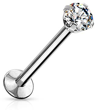 Paula & Fritz® Push-In Labret Piercing Silber Kugel 3-mm Zirkonia Klar Chirurgenstahl 316L 1,2-mm Stab-Dicke 8-mm Lang Madonna Medusa Monroe Helix