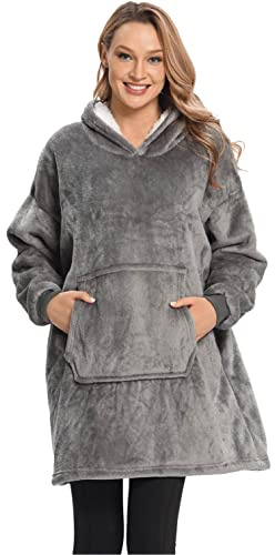 Cozyan Hoodie Decke Damen Oversize Sweatshirt Blanket Unisex Sherpa Hooded Blanket Portable Cuddly Blanket with Sleeves and Pocket für Erwachsene Jugendliche (grau)
