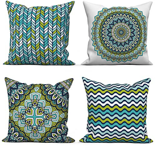 ASDCXZ Boho Kissenbezug 40x40 cm 4er Set, Retro Boho Geometrische Datura Muster Grün Sofa Dekokissen Kissenbezüge Kissenhülle Waschbar Polyester Leinen Textil Polster Kopfkissenbezug Kissen Bezug