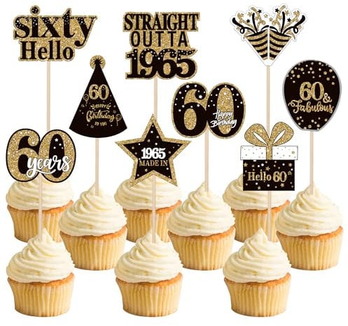 Xsstarmi 36 Pack 60th Birthday Cupcake Toppers Double Printed Sixty Hello 60th Straight Outta 1965 Cupcake Picks for Cheers to 60 Years 60th Birthday Wedding Party Decoration Supplies
