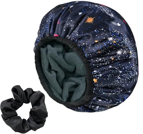 Yonchic Navy Astral Print Satin Shower Cap, Three-Layer Terry Cloth Lined, with Silk Hair Ties, Microfiber Waterproof Reusable Large Size Shower Cap for Women Long Thick Hair