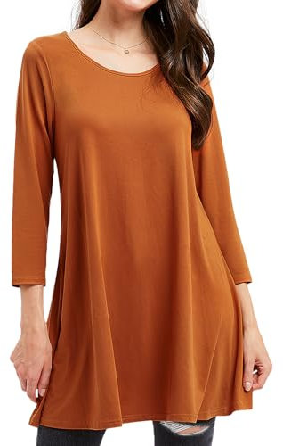 Enmain Orange Tunic Top for Women Causal Long Sleeve Longline Blouse Swing Tunic Top Loose Blouse T Shirt Round Neck Stretch Comfortable Holiday L