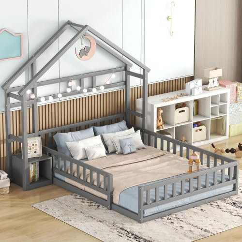LUMLAM Kinderbetten, 140 x 200CM Hausbett Mit Schubladen und Ablagefächern, Flachbetten, Hausbetten mit Geländer für Jungen und Mädchen (Grau)