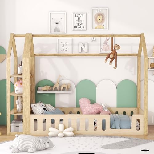 MQLAE Hausbett 90x200, Kinderbett Rausfallschutz mit Regalen und Geländer, Bodenbett 90x200 Haus, Bettgestell, Baumhausbett Flachbett für Kinder Jungen & Mädchen, ohne Matratze, Natur