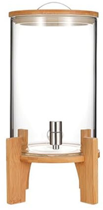 BURLOE Glass Beverage Dispenser, with A Tap Stainless Steel and Wood Stand Water Dispenser Glass Container for Cold Drinks Bamboo Heat -Resistant Borosilic Glass,10L